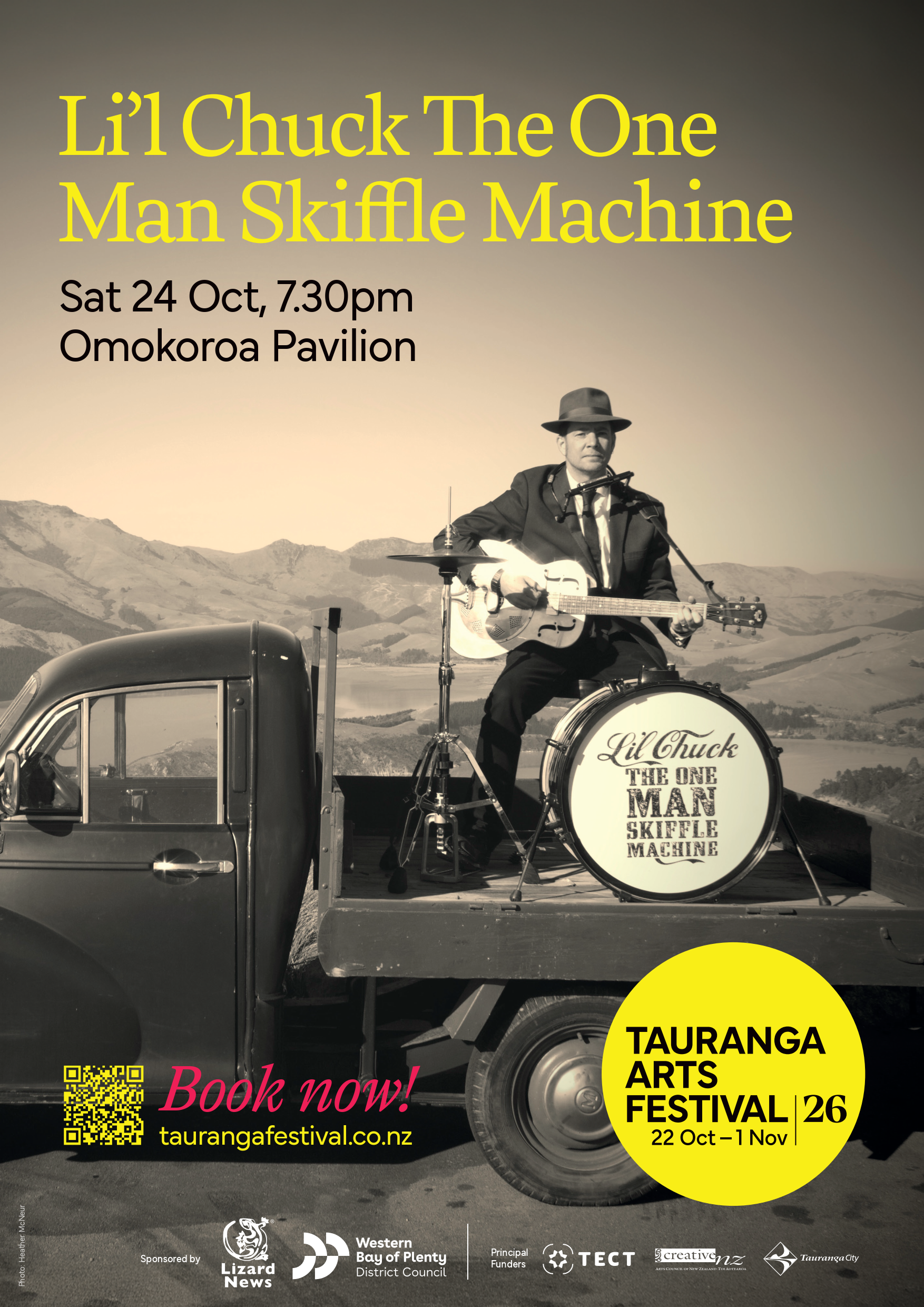 Li’l Chuck The One Man Skiffle Machine is an authentic one-man band performing “good time music with old time style.” Being held at Omkoroa Pavilion, Saturday, 24 October at 7:30pm.