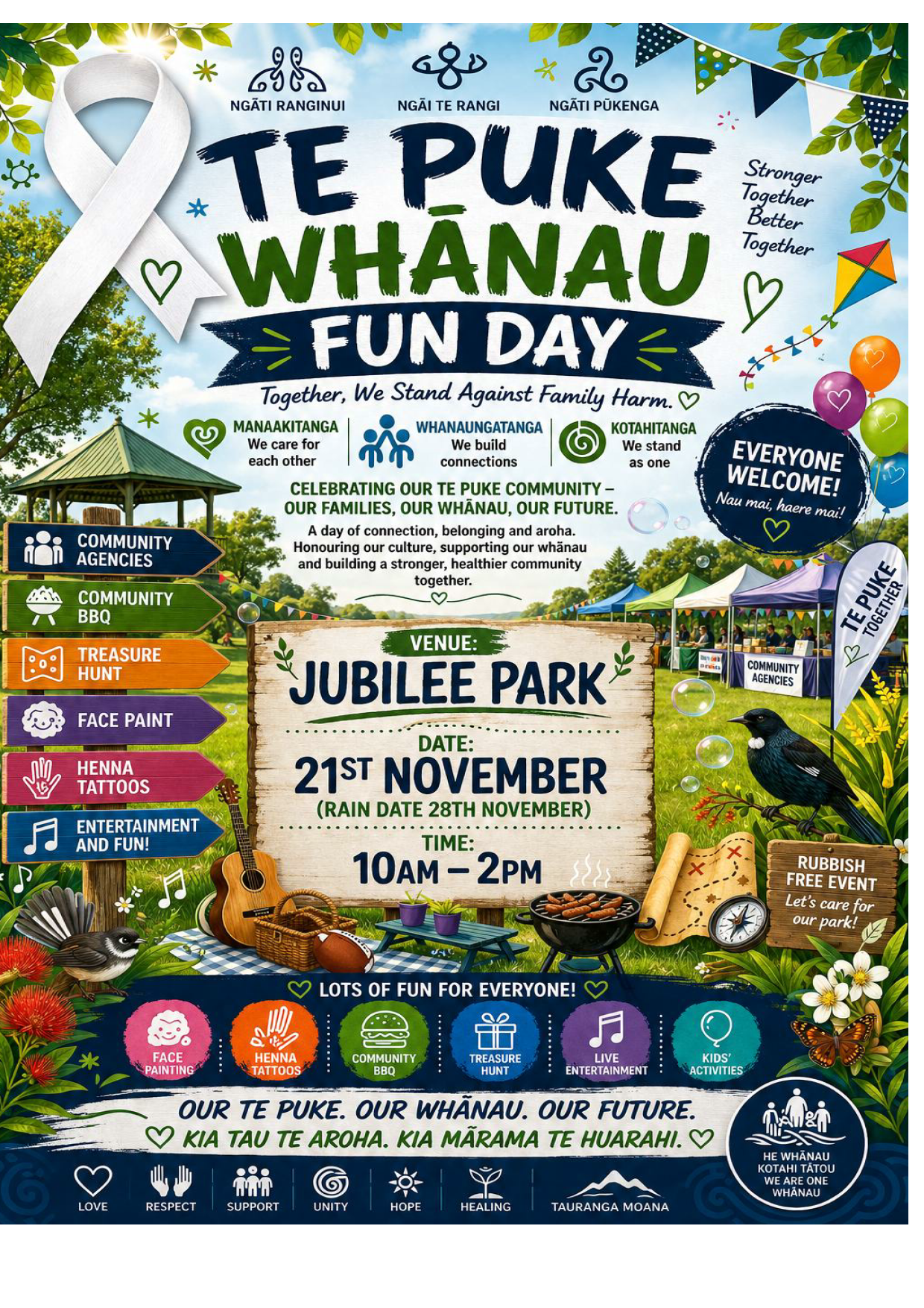 Te Puke Whānau Fun Day at Jubilee Park, Te Puke on 21st November 2026 from 10am to 2pm. Rain date is 28th November.