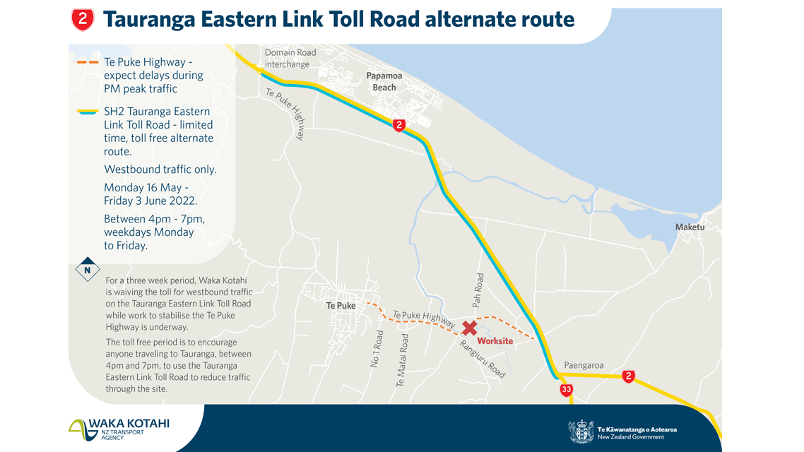 A map showing the Tauranga Eastern Link Toll Road alternate route from 16 May until Friday 3 June 2022