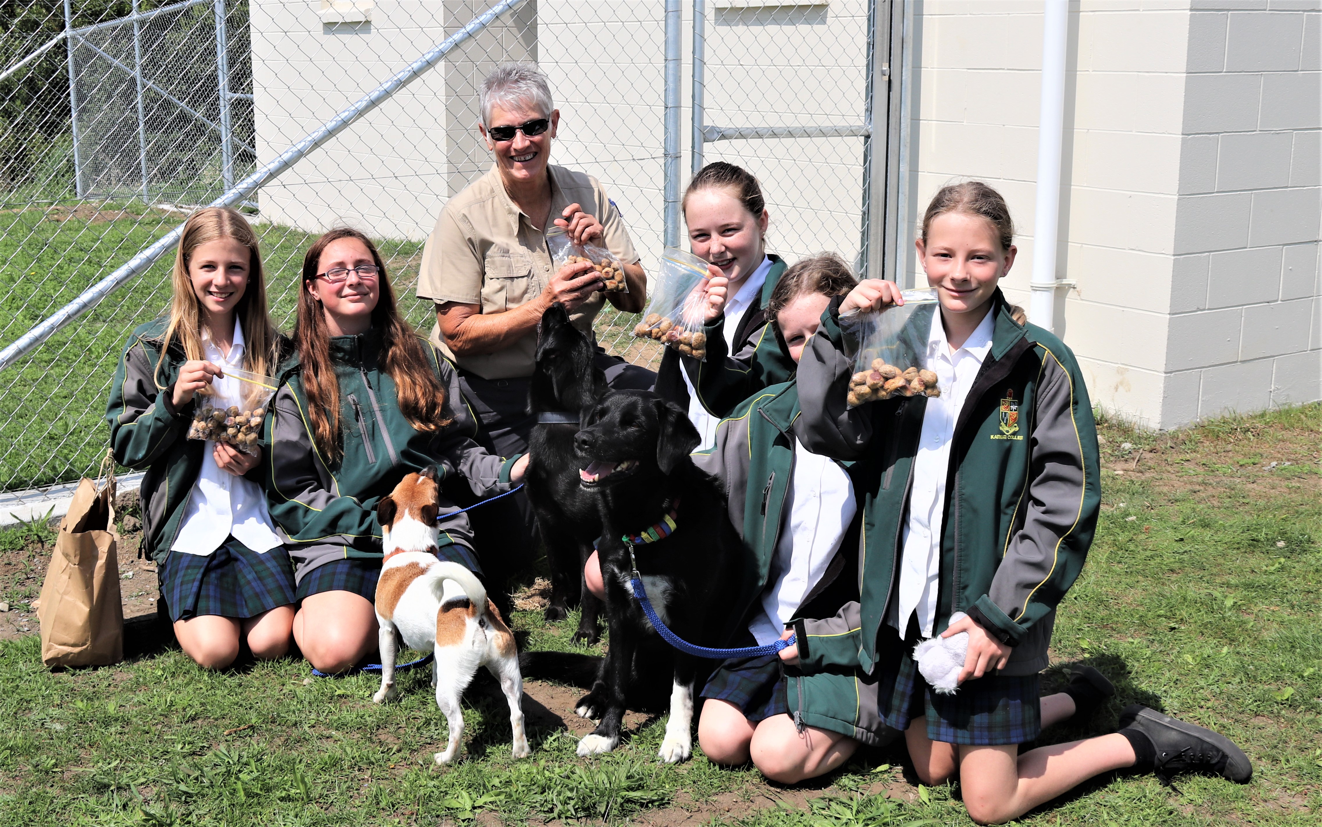 Students give their home made dog biscuits to the rescue dogs.