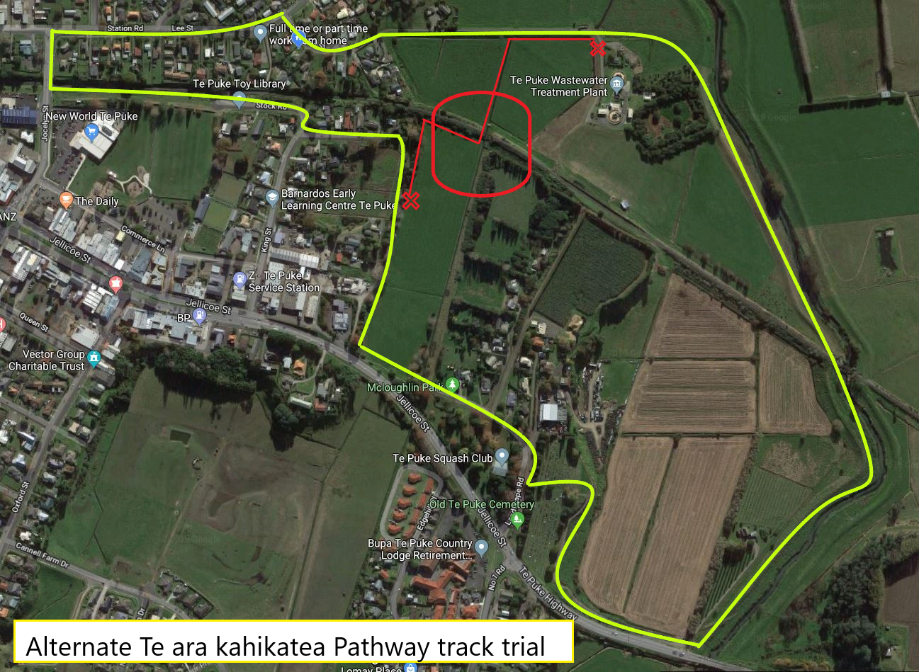 Map showing alternative route around construction site on Te Ara Kahikatea Pathway