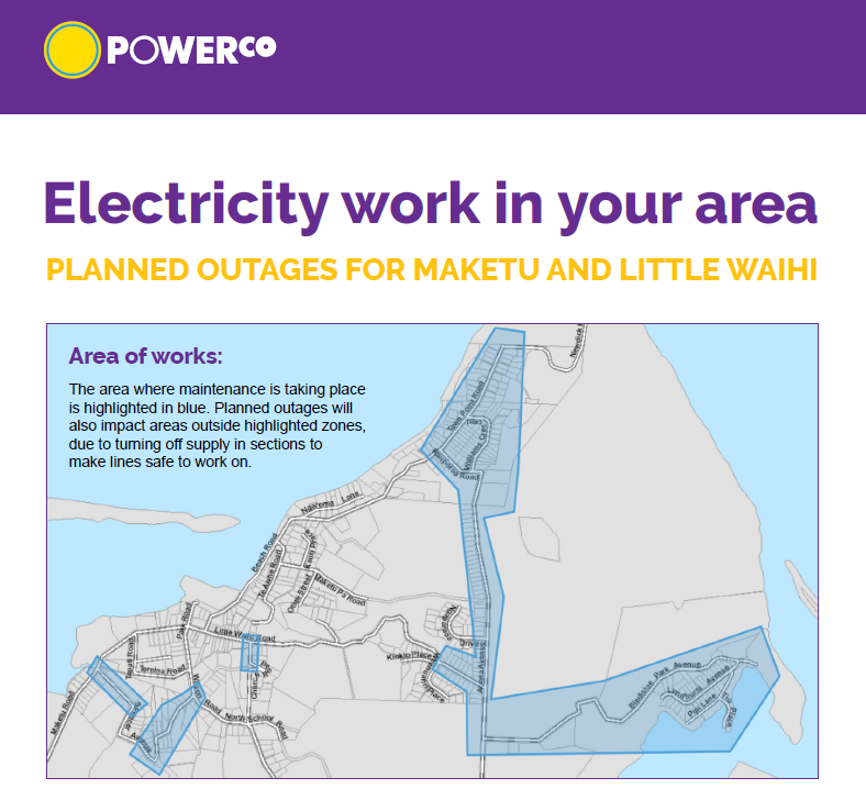 Powerco map showing electricity work in the Maketu and Little Waihi area