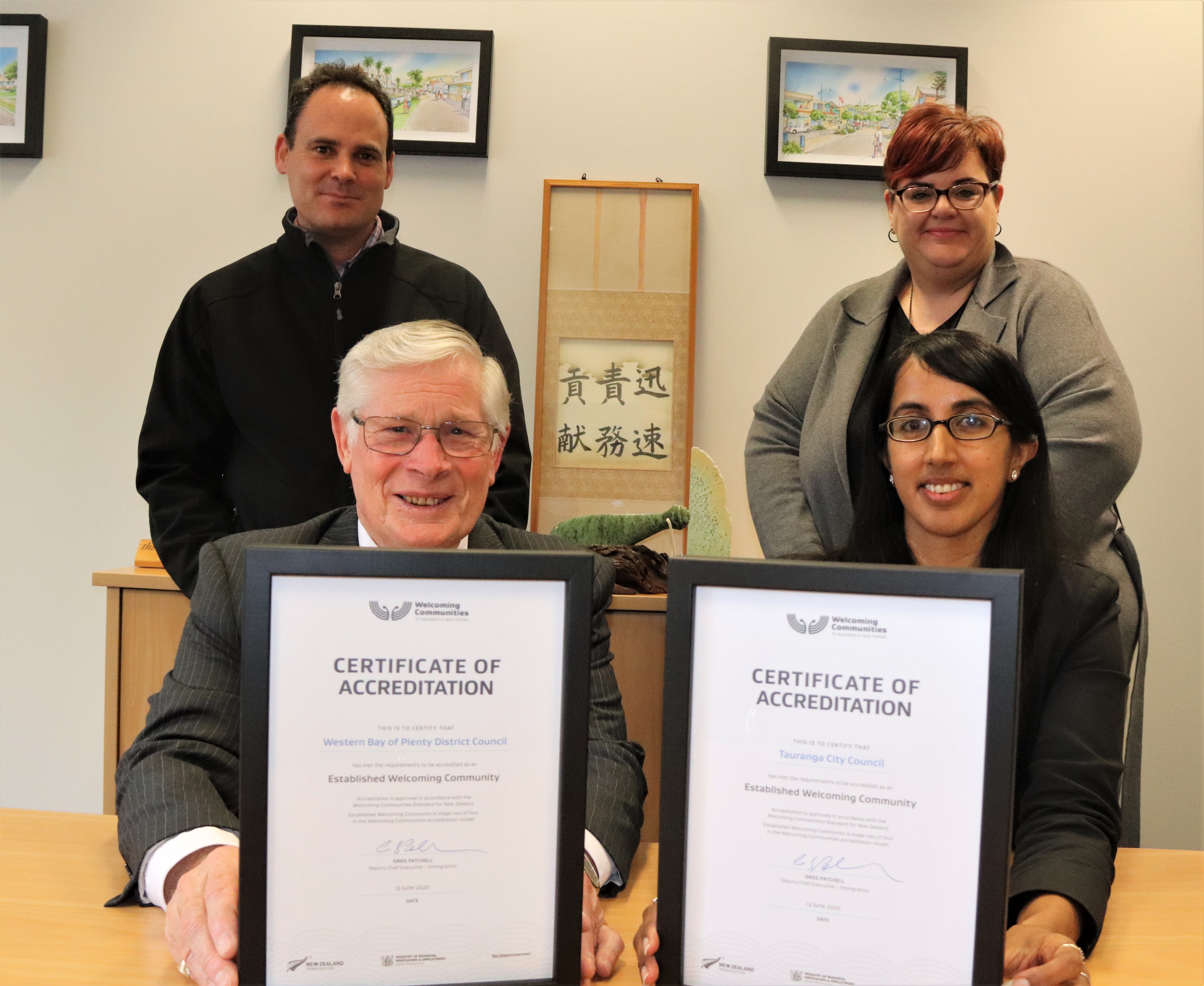 ​Western Bay Mayor Garry Webber front left with Western Bay of Plenty District Council Community Manager David Pearce (back left), Welcoming Communities Coordinator Haidee Kalirai (front right) and Team Leader Community Development, Tauranga City Council, Dani Jurgeleit.​
