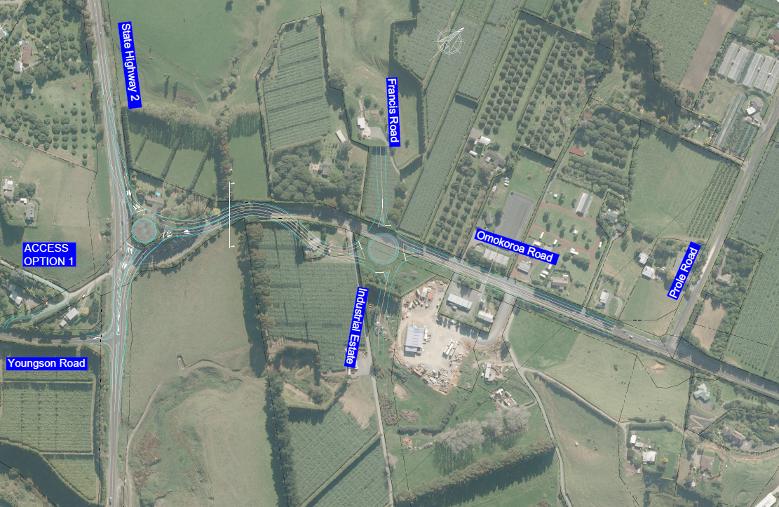 The draft design of the proposed State Highway 2 / Ōmokoroa Road intersection. Council will now work with Waka Kotahi on progressing to a detailed design.