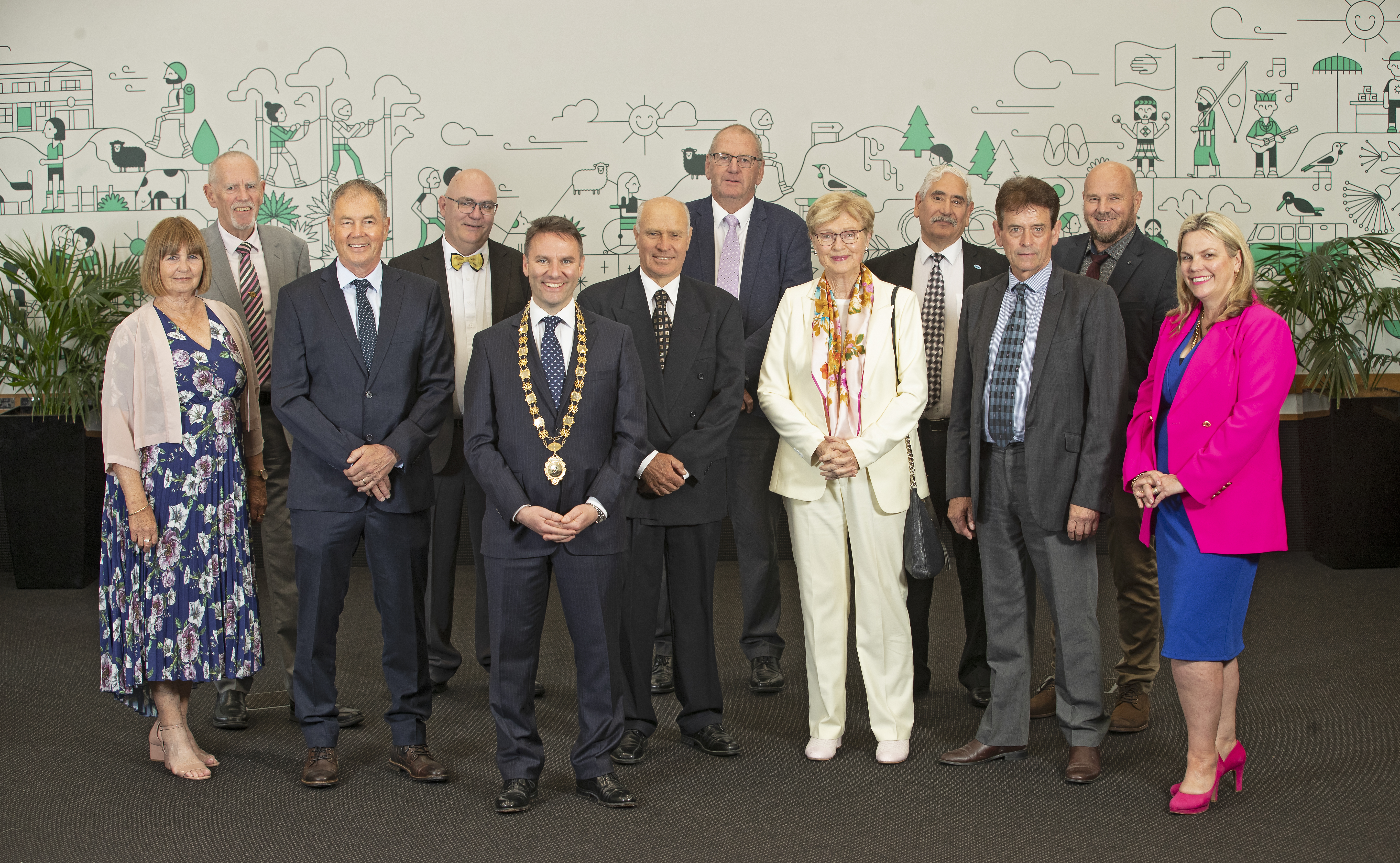Western Bay of Plenty District Councillors for the 2022-25 triennium (left to right): Anne Henry, Murray Grainger, Richard Crawford, Rodney Joyce, Mayor James Denyer, Deputy Mayor John Scrimgeour, Don Thwaites, Margaret Murray-Benge, Allan Sole, Grant Dally, Andy Wichers, Tracey Coxhead.