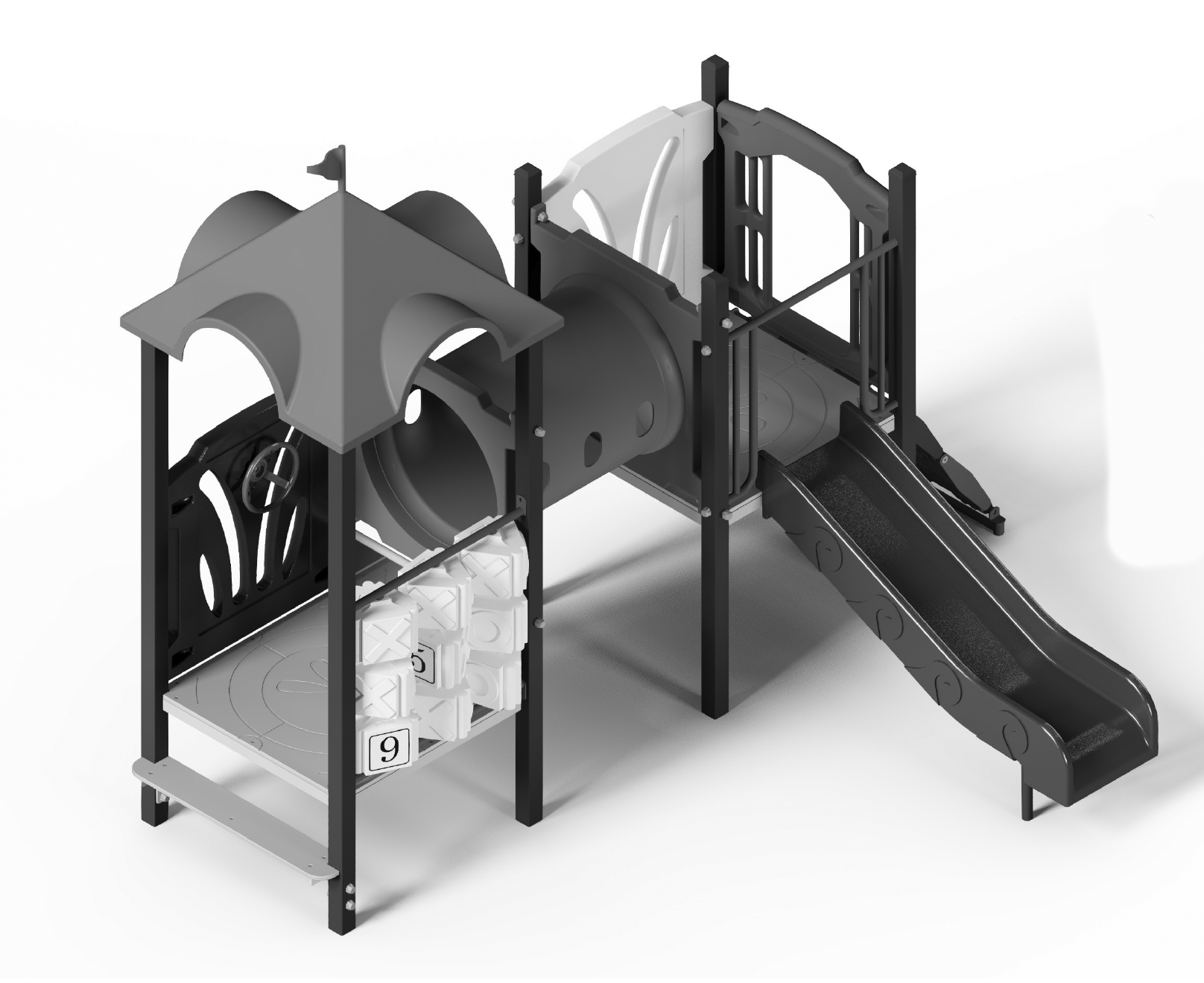The replacement play module with slide, tunnel and number spinners. 
