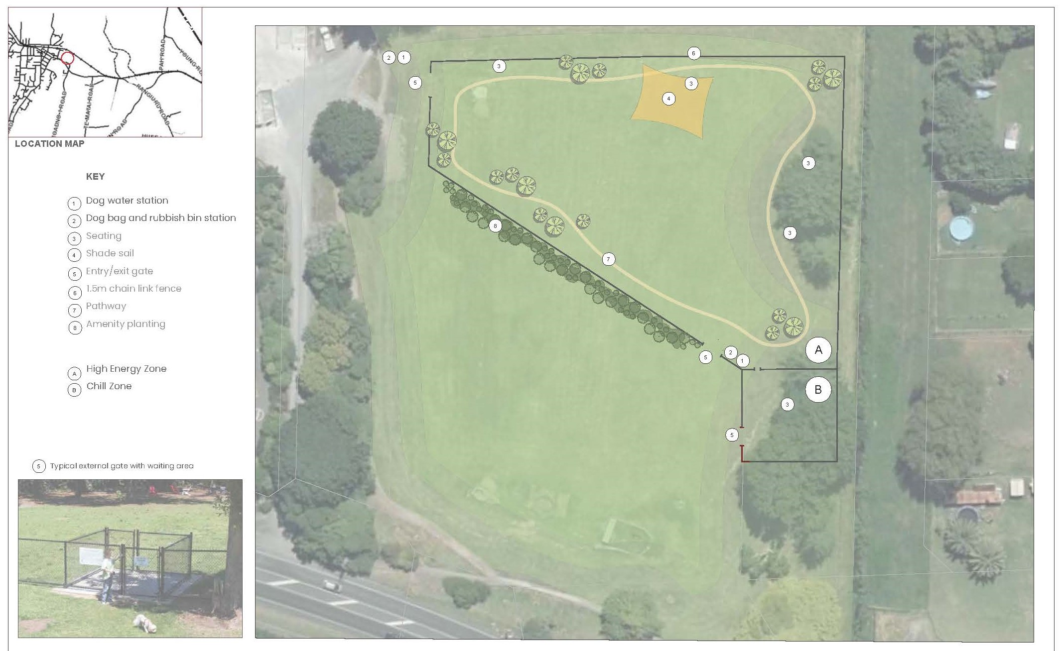 map of proposed dog exercise area with two fenced enclosures, seating and shade plus water stations and dog poo bag dispensers. 