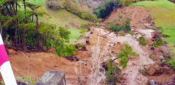 a large slip to the side of State Highway 36/Pyes Pa Road